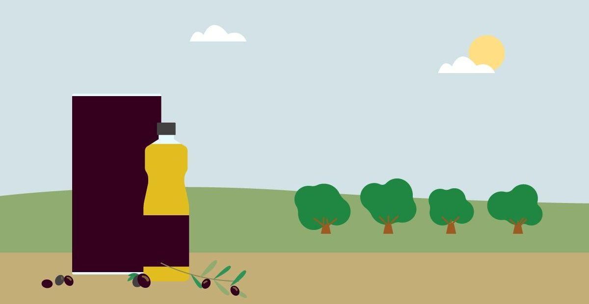 Ilustración de una botella de aceite de orujo de oliva con un paisaje de olivos y aceitunas en el suelo, representando su origen natural.